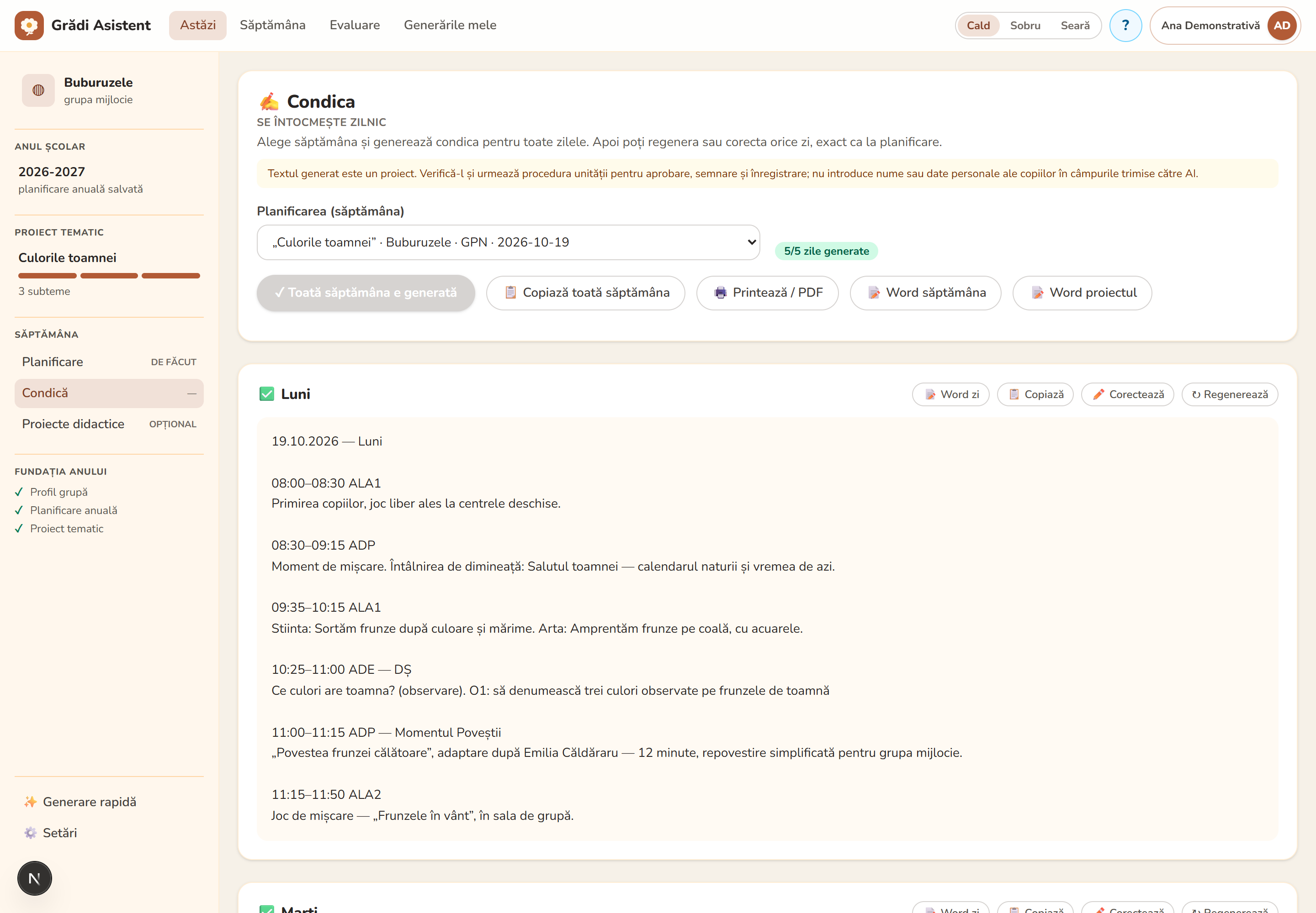 Condica zilei, cu intervalele și exporturile Word
