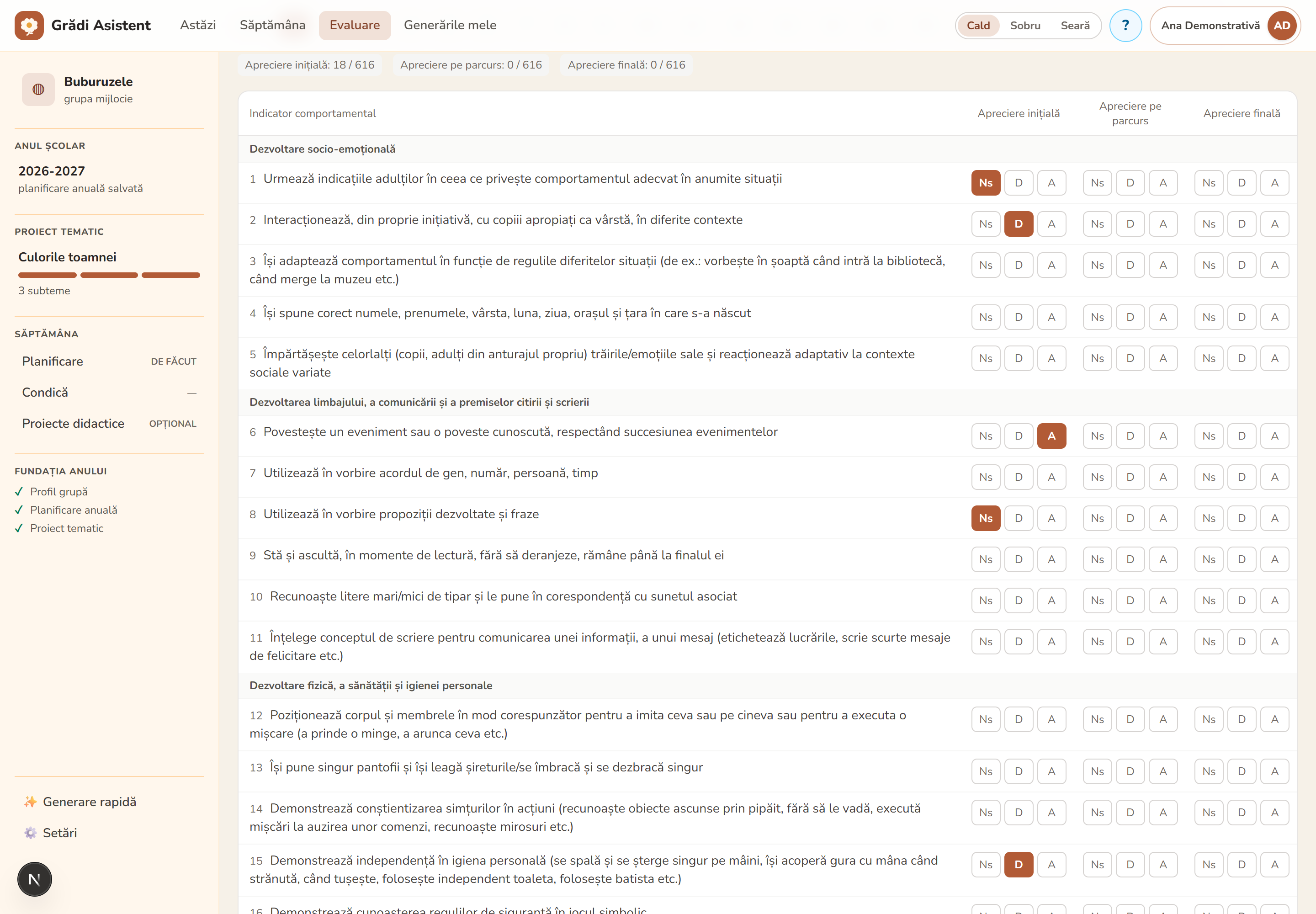 Fișa de apreciere a progresului: 28 de indicatori, trei momente, Ns/D/A