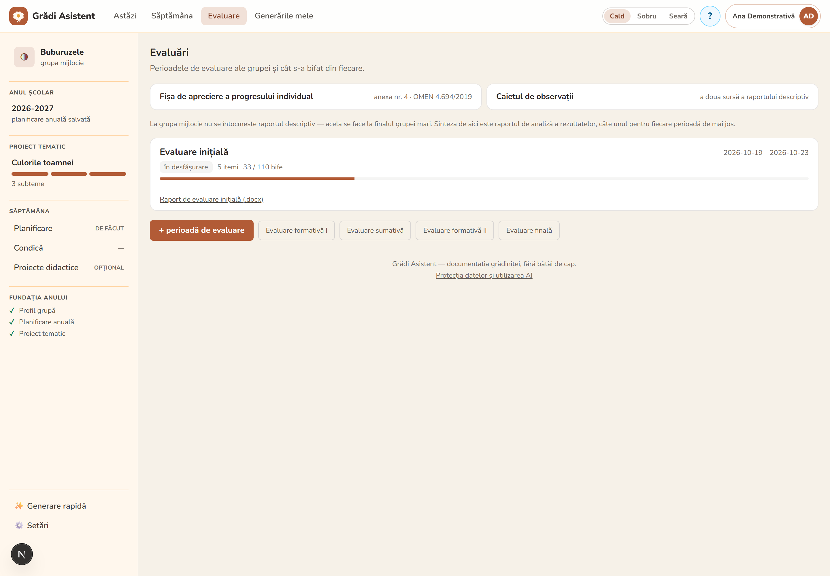 Lista perioadelor de evaluare, cu progresul fiecăreia
